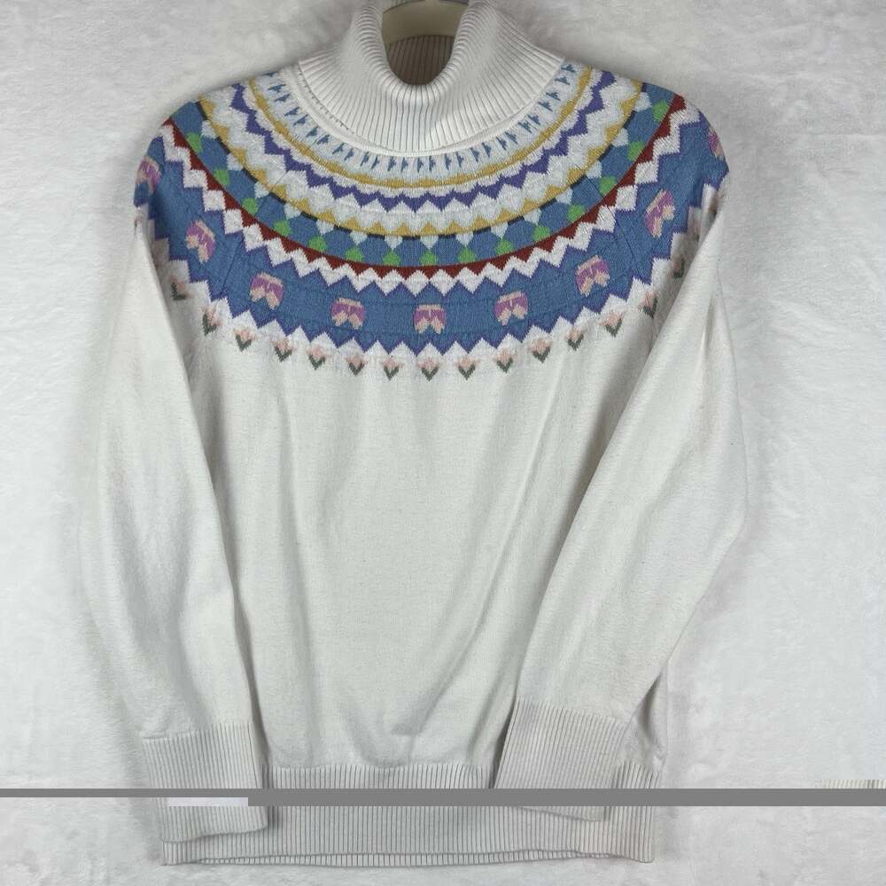 Small LL Bean Fair Isle Turtleneck Sweater Womens White Cotton Cashmere Nordic